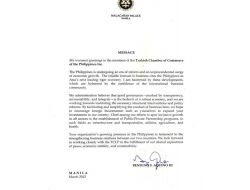 Filipinler Liderinden, Filipinler Türkiye Ticaret Odası’na Teşekkür Mektubu