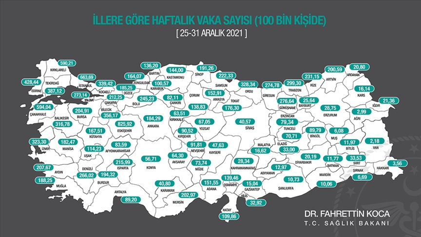 İllere göre her 100 bin kişide görülen Kovid-19 vaka sayıları açıklandı
