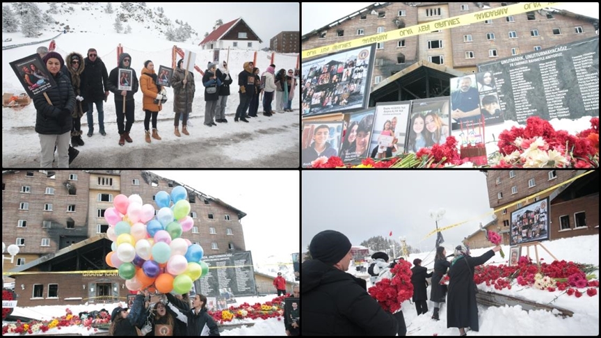 Kartalkaya'daki yangında yaşamını yitiren 78 kişi otelin önünde anıldı