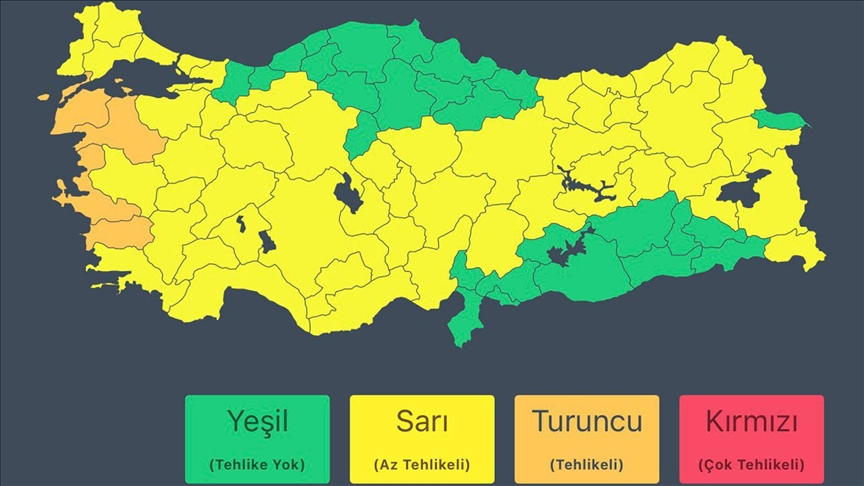52 il için "sarı", 4 il için de "turuncu" kodlu meteorolojik uyarı