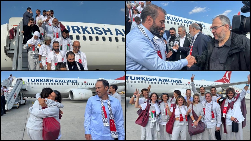 İsrail'in alıkoyduğu Özgürlük Filosu aktivistlerini Türkiye'ye getiren THY uçağı İstanbul'a ulaştı