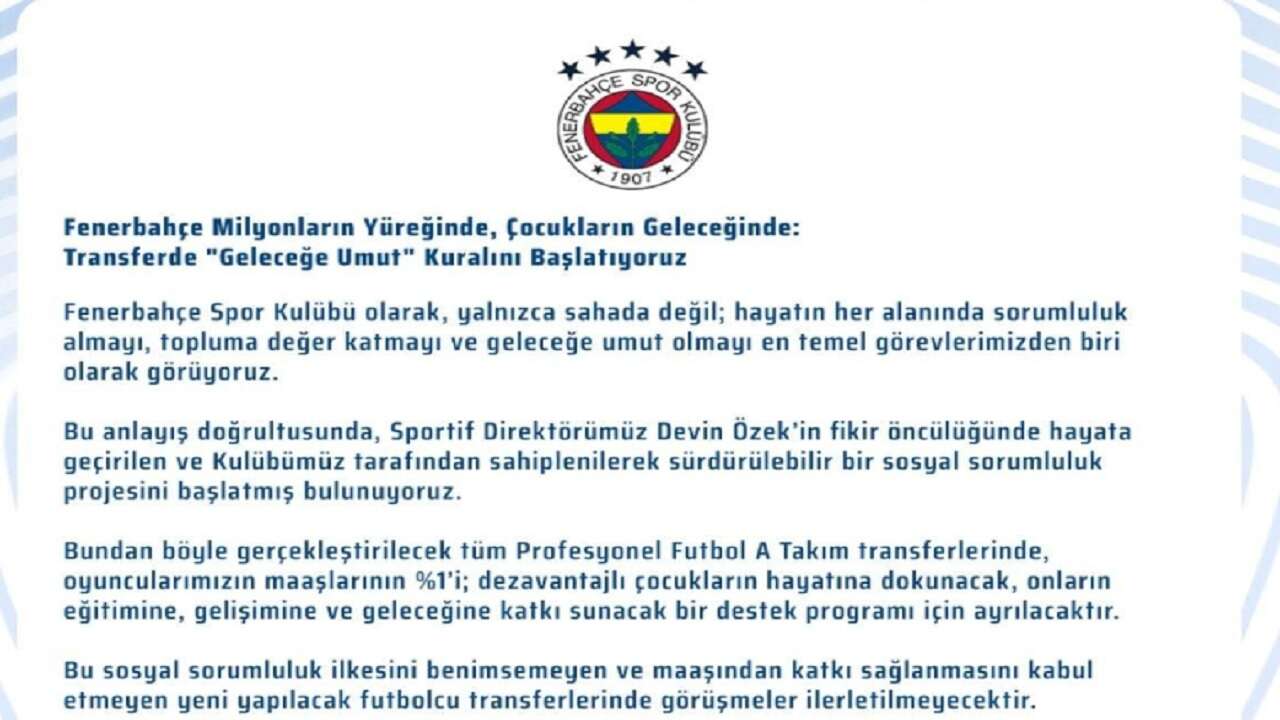 Fenerbahçe Kulübü, transferde "Geleceğe Umut" projesini başlatıyor