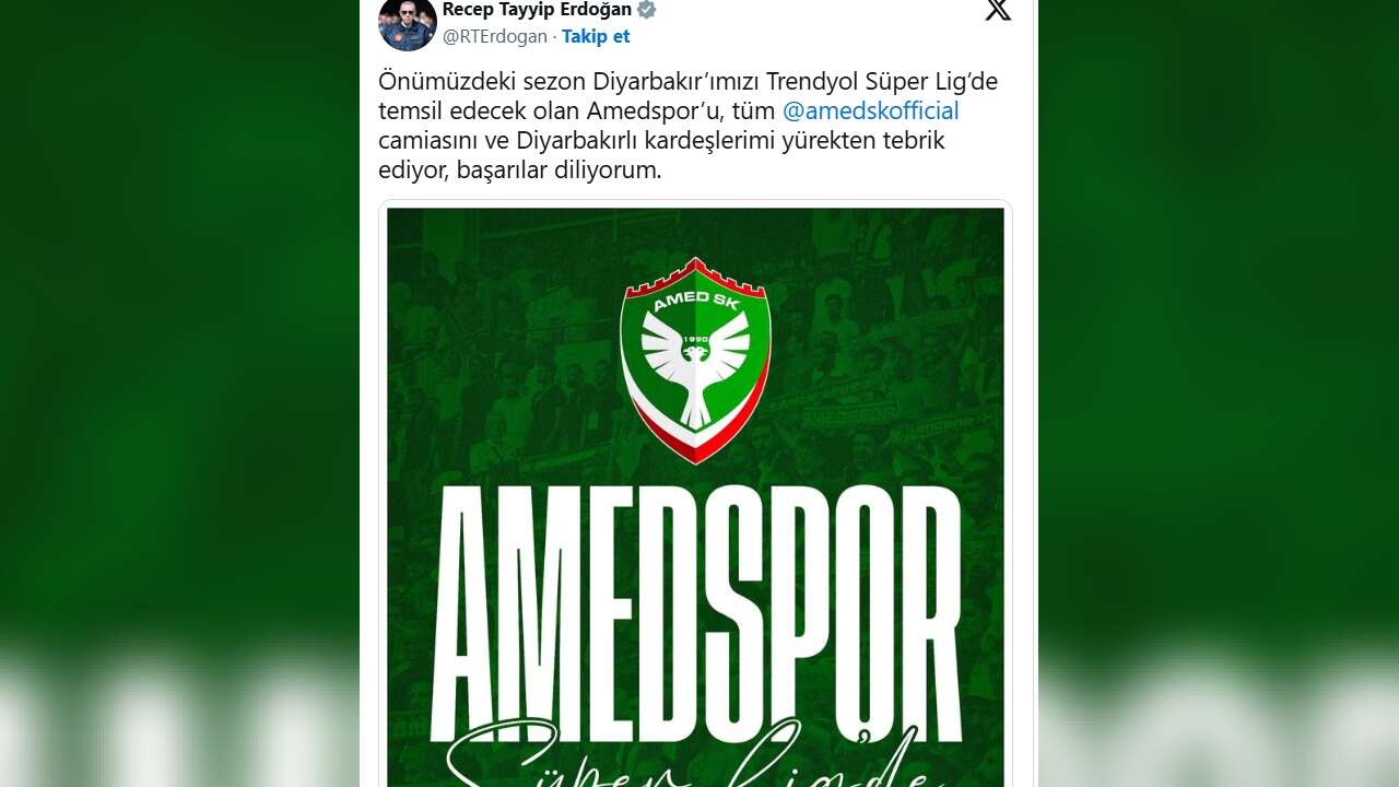 Cumhurbaşkanı Erdoğan'dan Amed Sportif Faaliyetler için tebrik mesajı