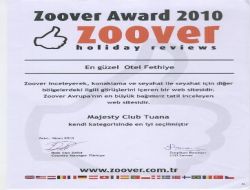 Majesty Club Tuana Park'a 'zoover Award 2010' Ödülü